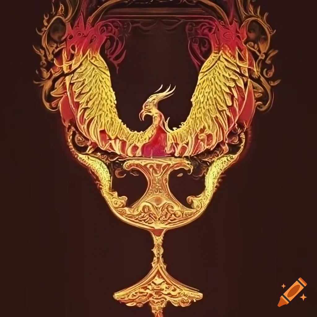 Phoenix rising from jeweled chalice in stencil style