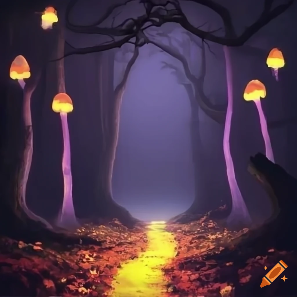 Mysterious forest path with glowing mushrooms under a full moon on Craiyon