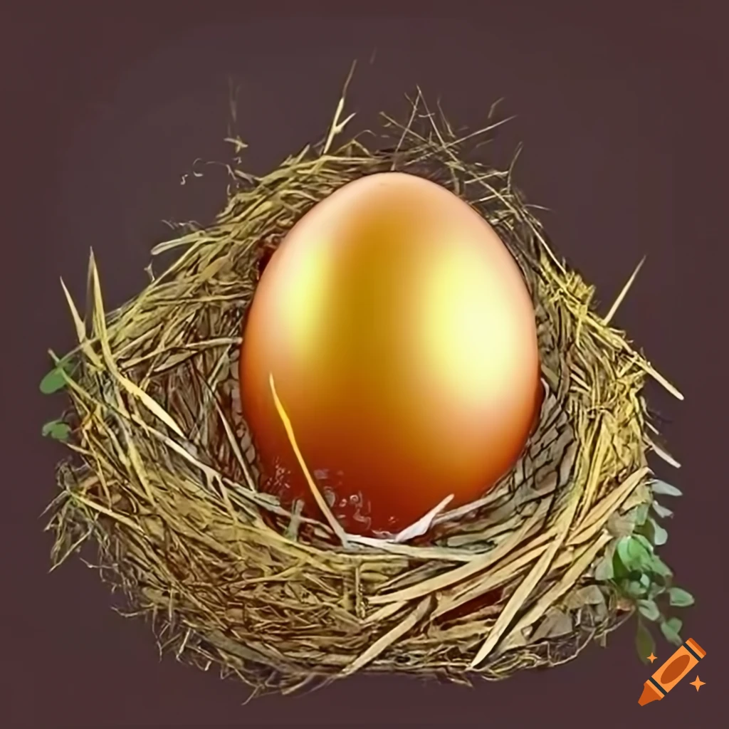 Russian fairy tale with a golden egg in a straw nest inside a chicken coop