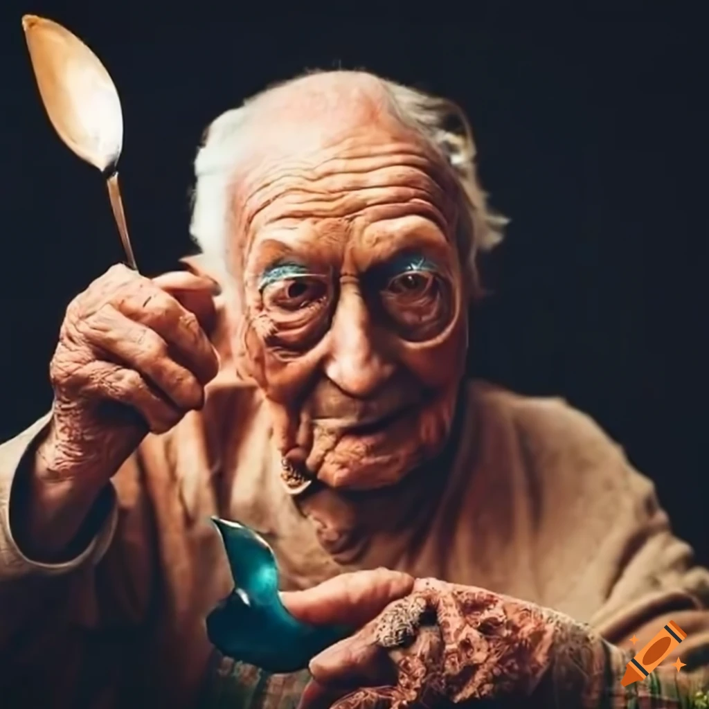 Serious grandfather with a Khokhloma spoon