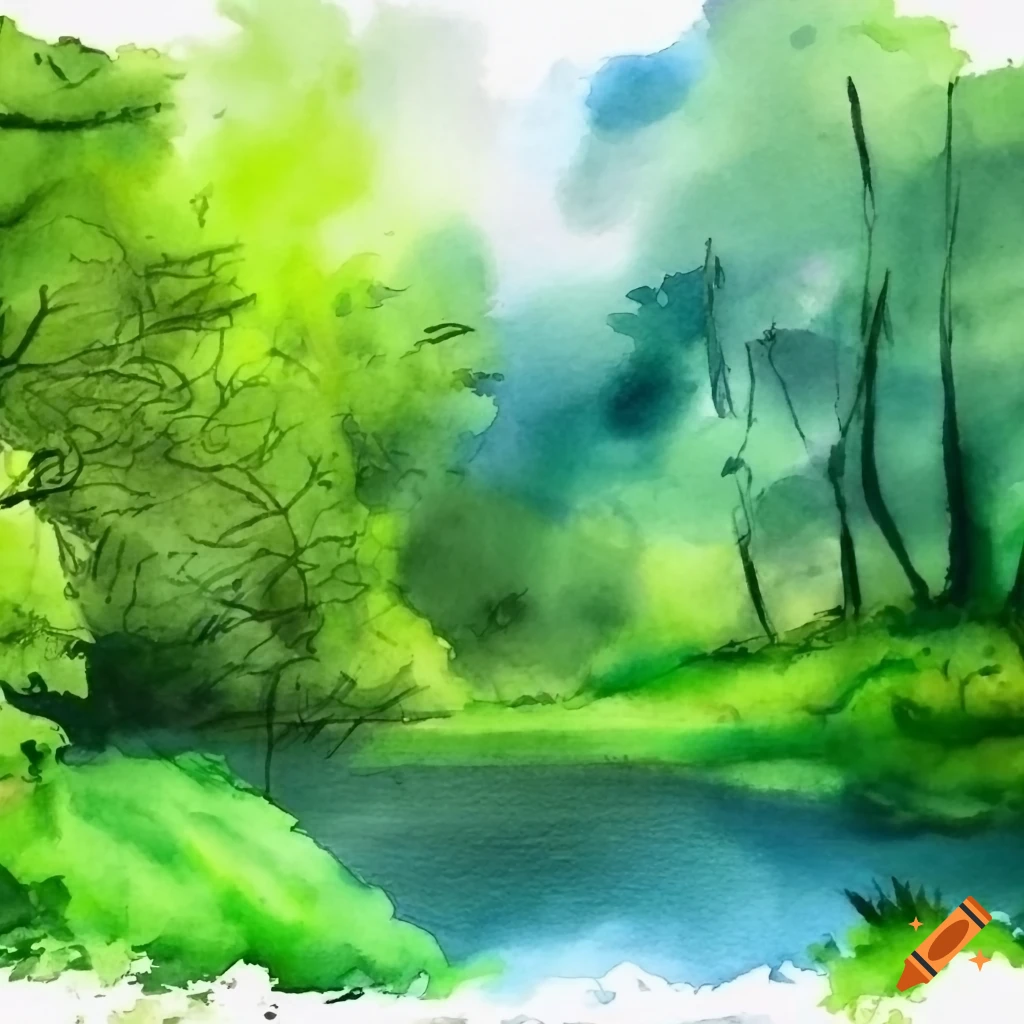 Beautiful green landscape watercolor painting on Craiyon