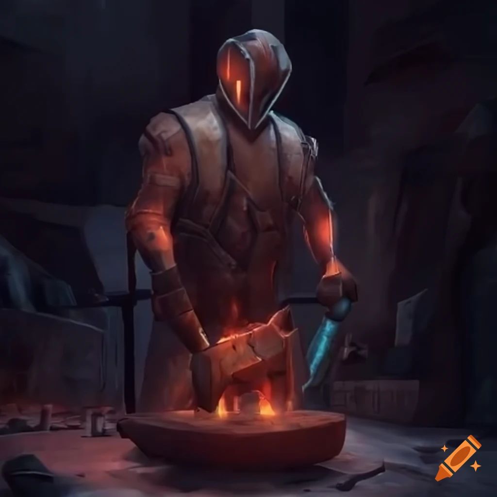 Sci-fi blacksmith working at a forge