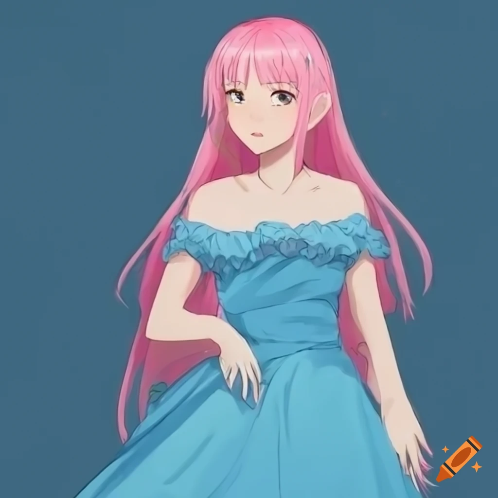 Anime woman with yellow eyes and pink hair in Ghibli-style blue dress