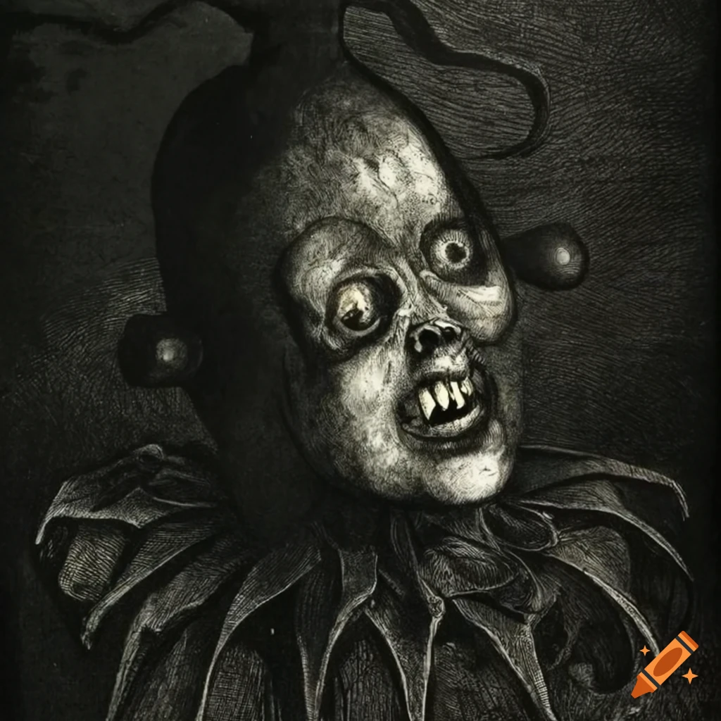 Creepy jester in 1800s etching