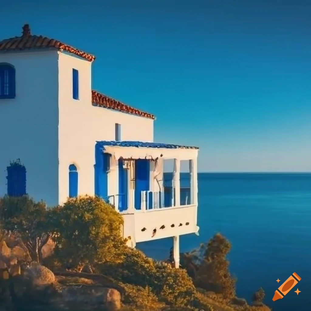 Mediterranean-style house by the ocean with a tree at sunset