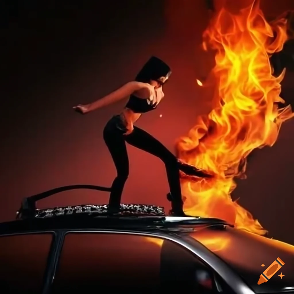 Rock star girlfriend with a golf club on top of a car with a broken windshield