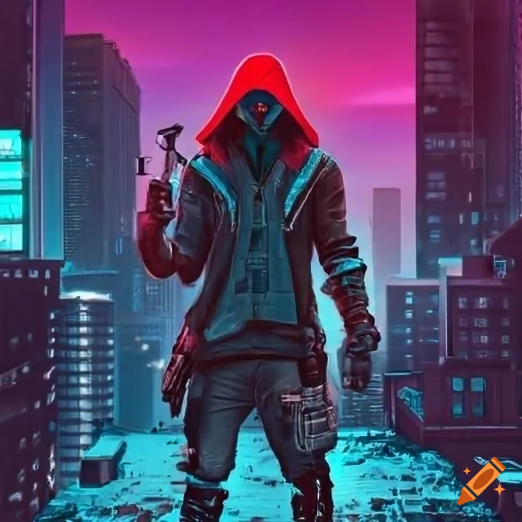 Hooded cyberpunk bounty hunter with guns on neon-lit rooftop