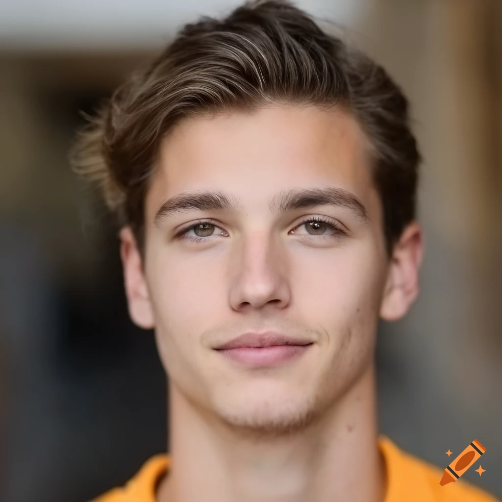 Headshot of a serious young man with brown hair and light blue eyes on ...