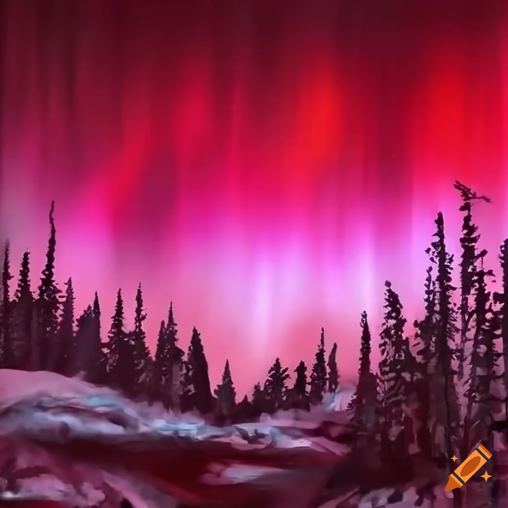 Red aurora borealis over snowy forest landscape