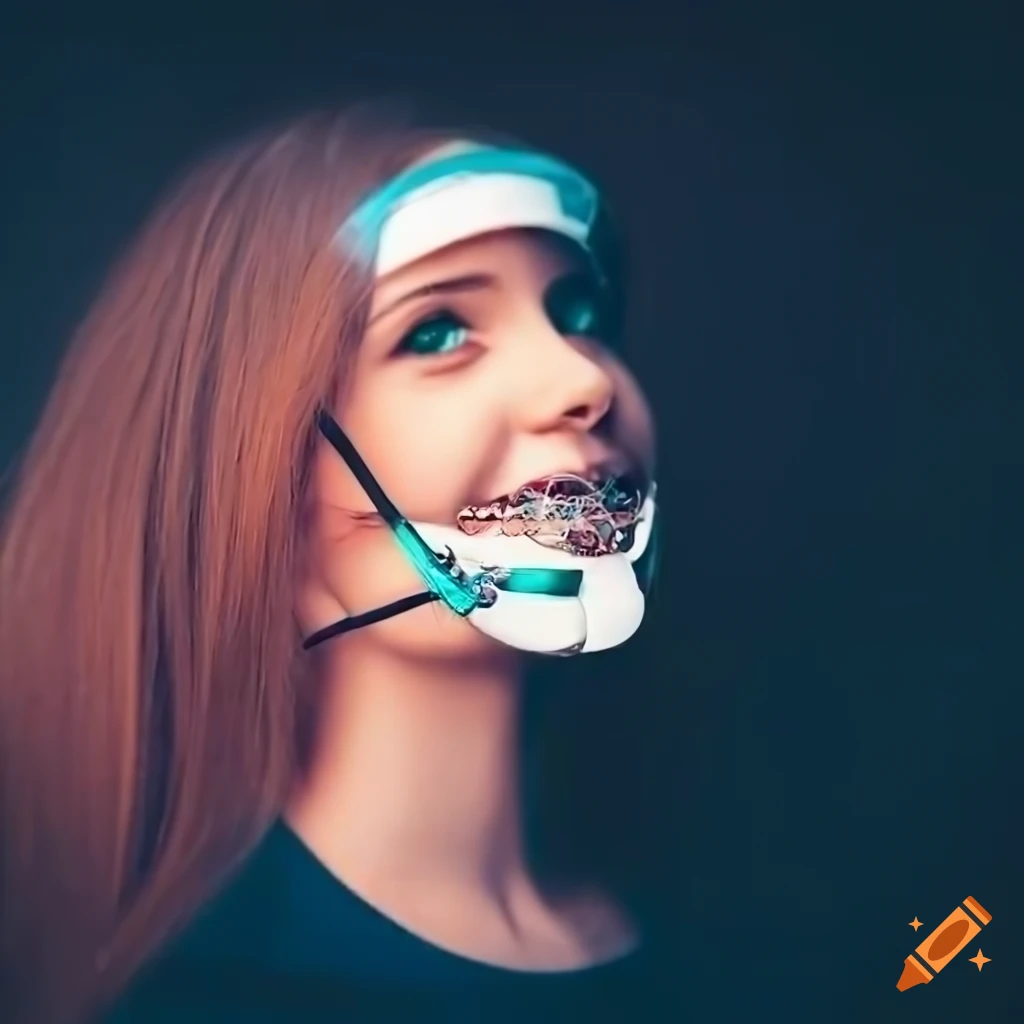 Young woman wearing orthodontic headgear braces walking down a peaceful
