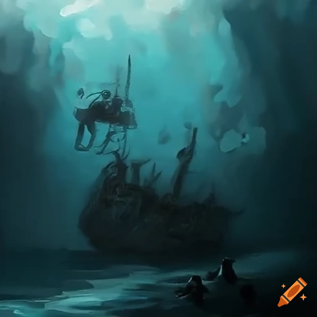 Scuba divers exploring a shipwreck underwater