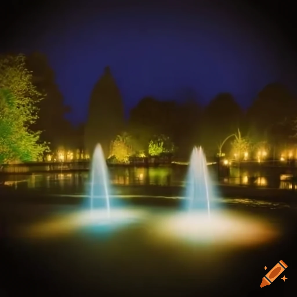 Ethereal small town park with fountain at night on Craiyon