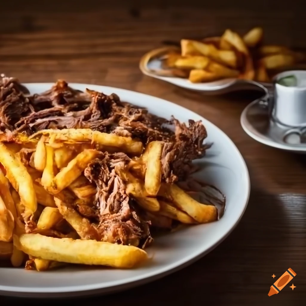 Plate of pulled pork with fries on a wooden table