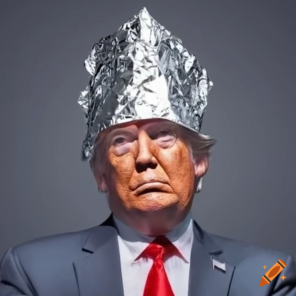 Satirical depiction of a public figure wearing an aluminum foil hat on