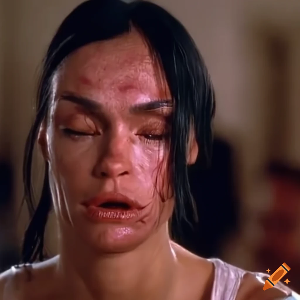 Bruised woman fighter in a 90s movie fight scene with dizzy expression