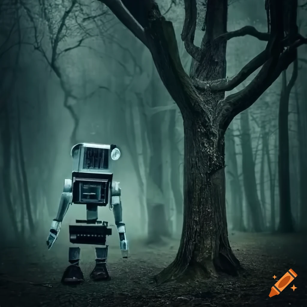 Vintage robot in a dark forest with ominous trees on Craiyon