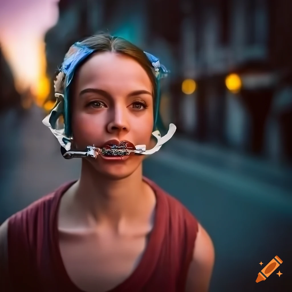 Young woman wearing orthodontic headgear braces walking down a peaceful