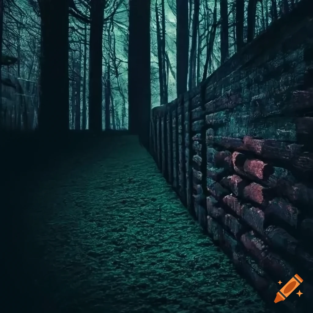 Brick fence in the middle of a forest at night