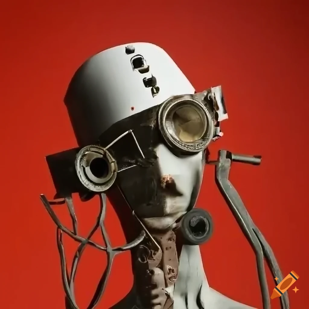 Found object sculpture humanoid made with various objects on Craiyon