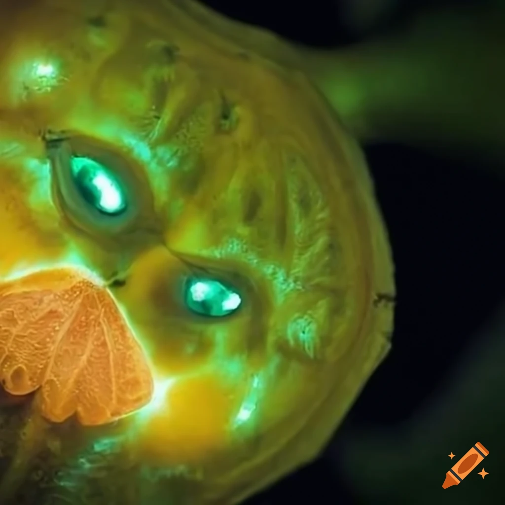 Strange creature with a glowing human eye in a lemon body surrounded by