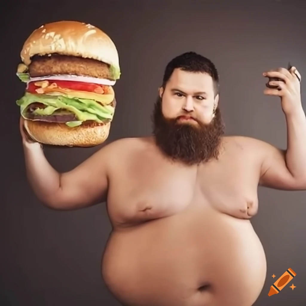 Smiling man with a big beard holding a massive burger