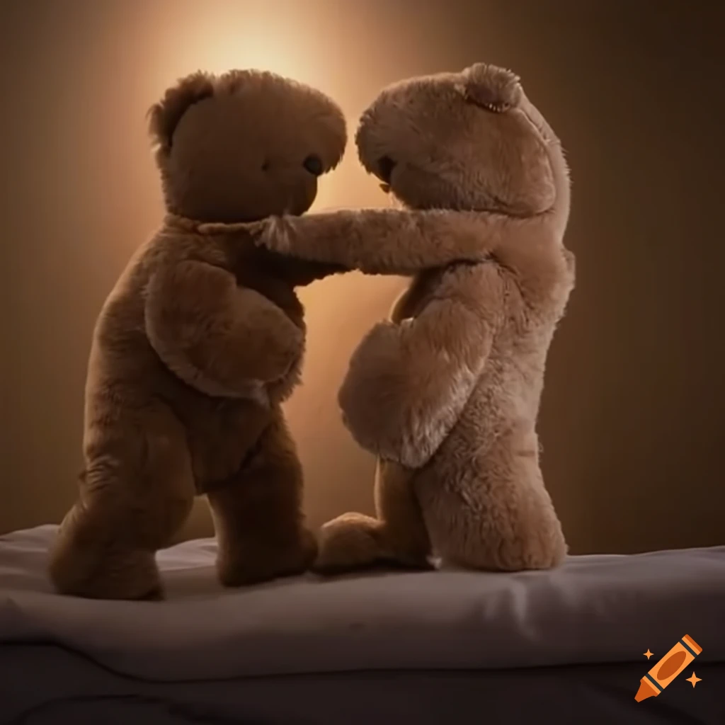 Teddy bears play fighting in a bedroom