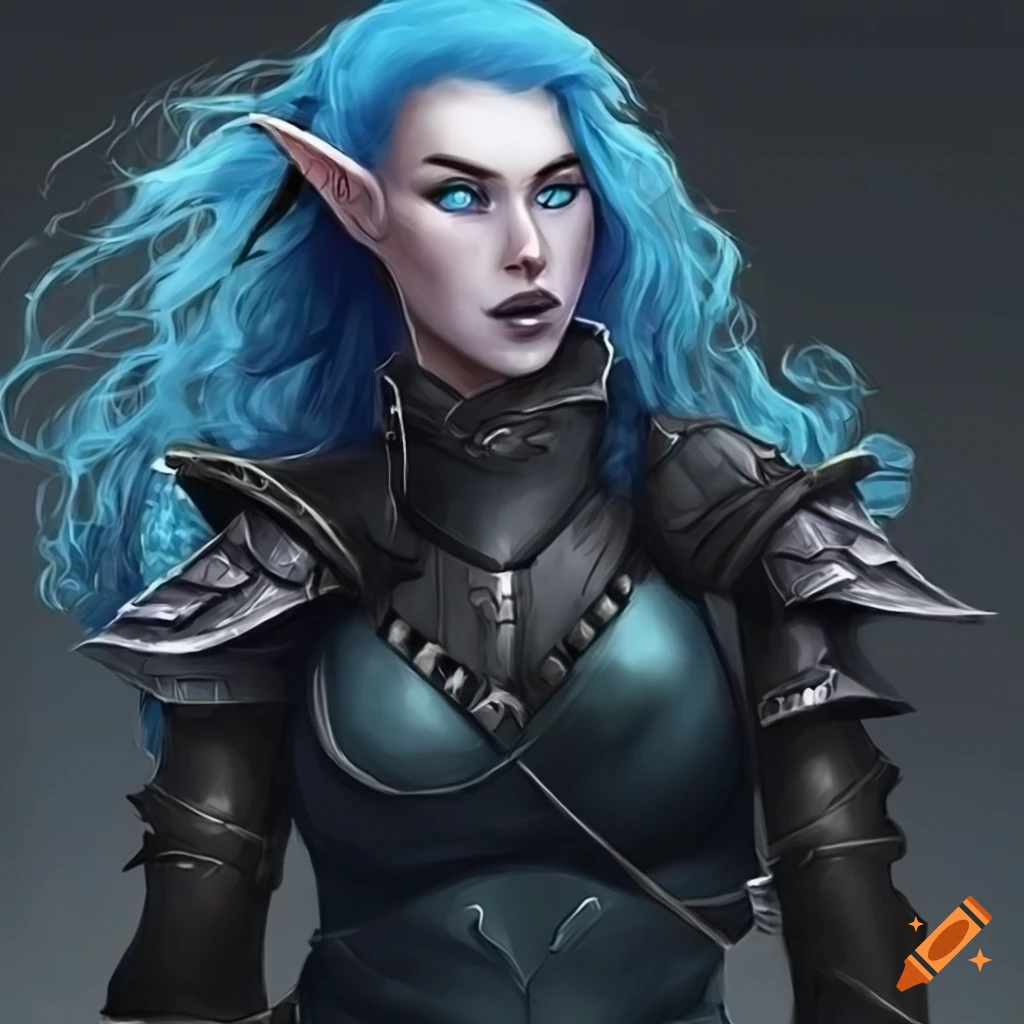 Rogue elf with blue skin, blue curly hair, and silver eyes in black ...