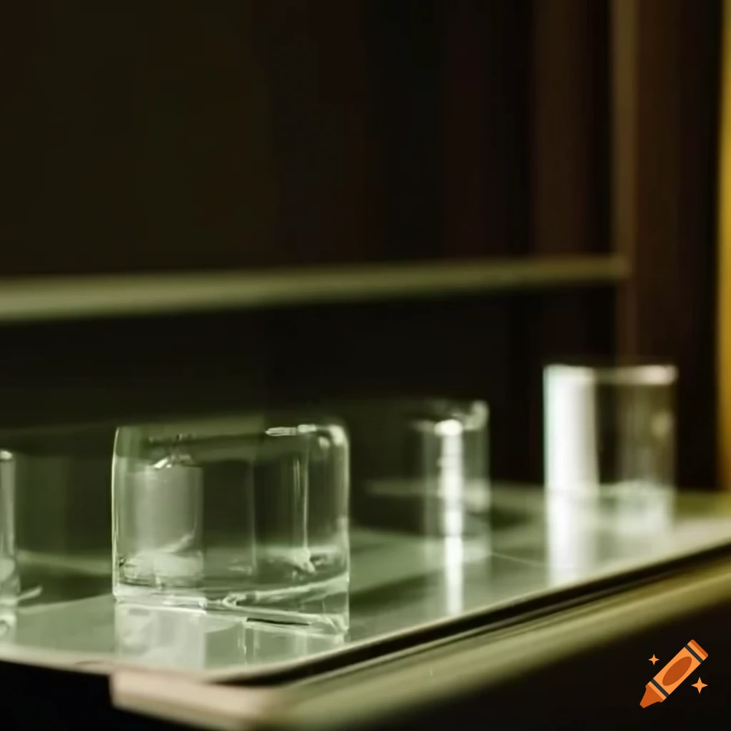 Glass objects on shelf in dark hotel room
