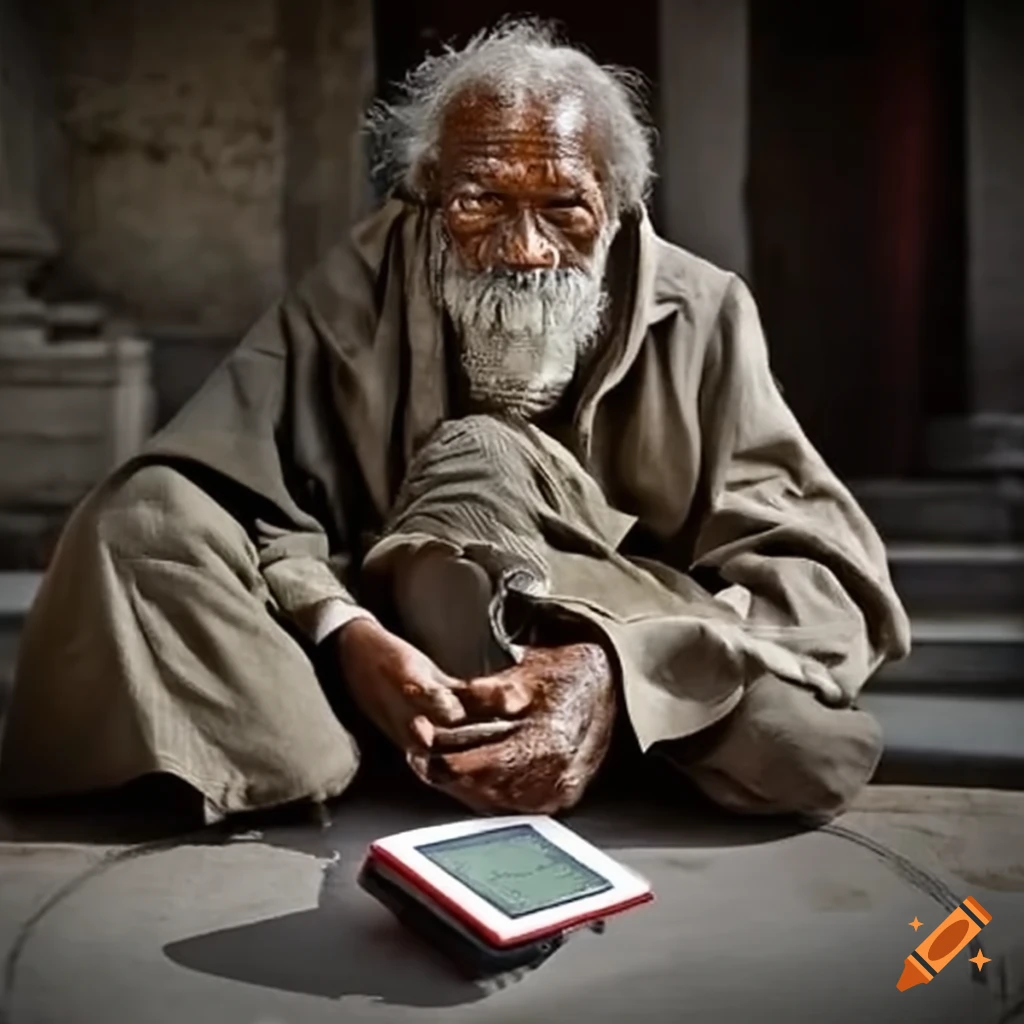 Beggar holding up QR code