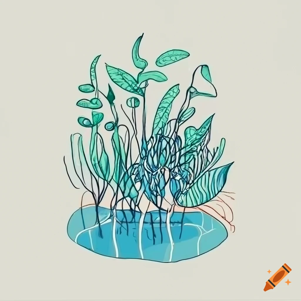 Line drawing illustration of aquatic plants on a white background on