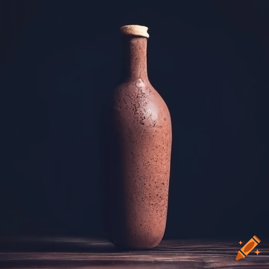 Vintage German Schnaps clay bottle with cork on wooden table
