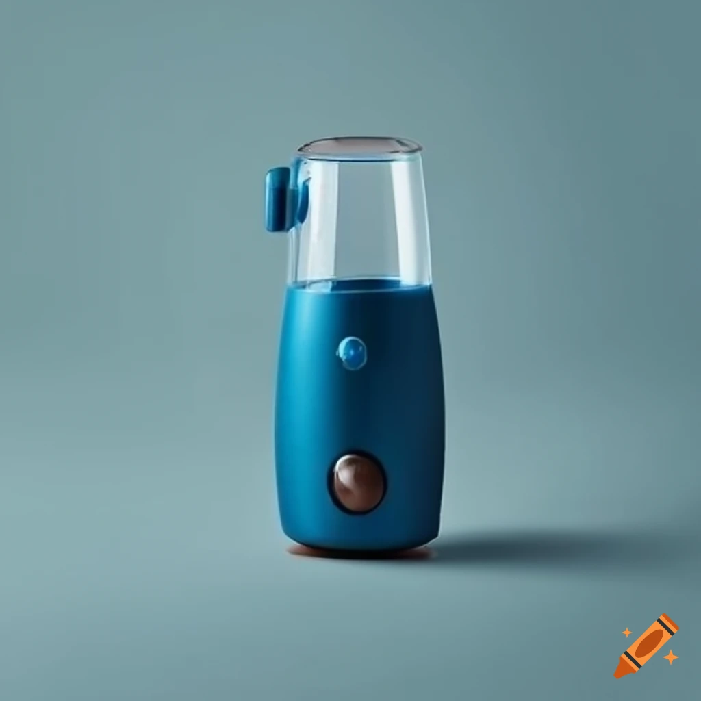 Dark blue mini portable blender surrounded by fruit