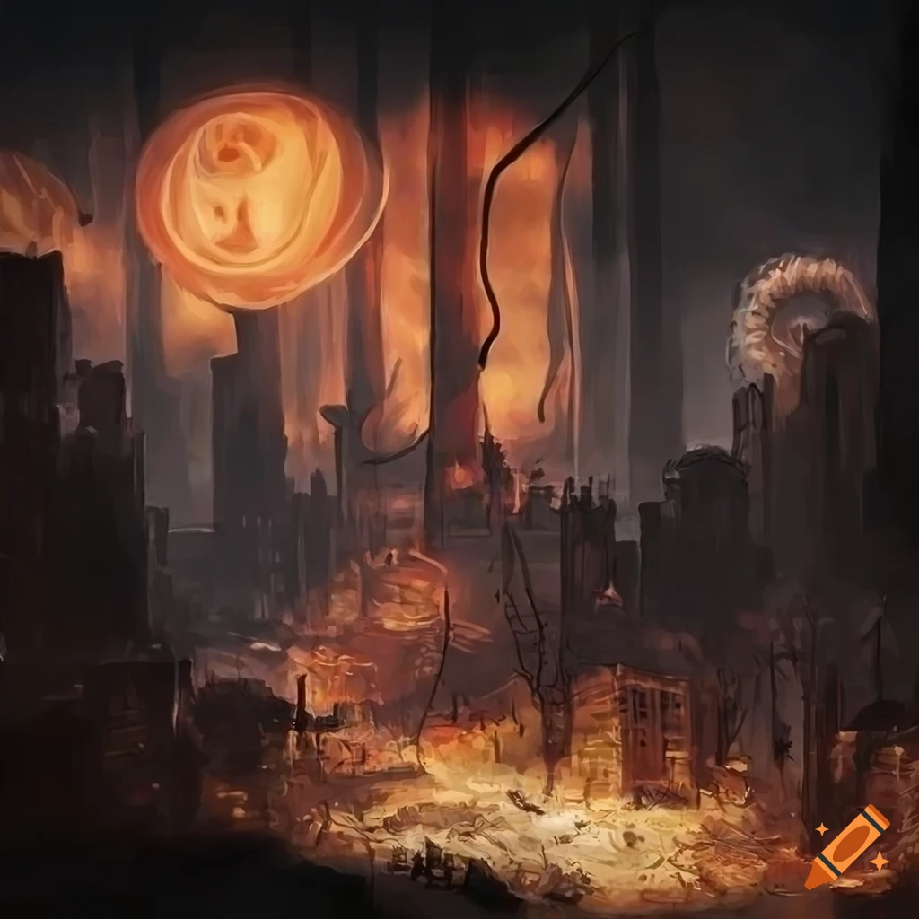 Cityscape battlefield with mech, intricate layering and stunning lighting