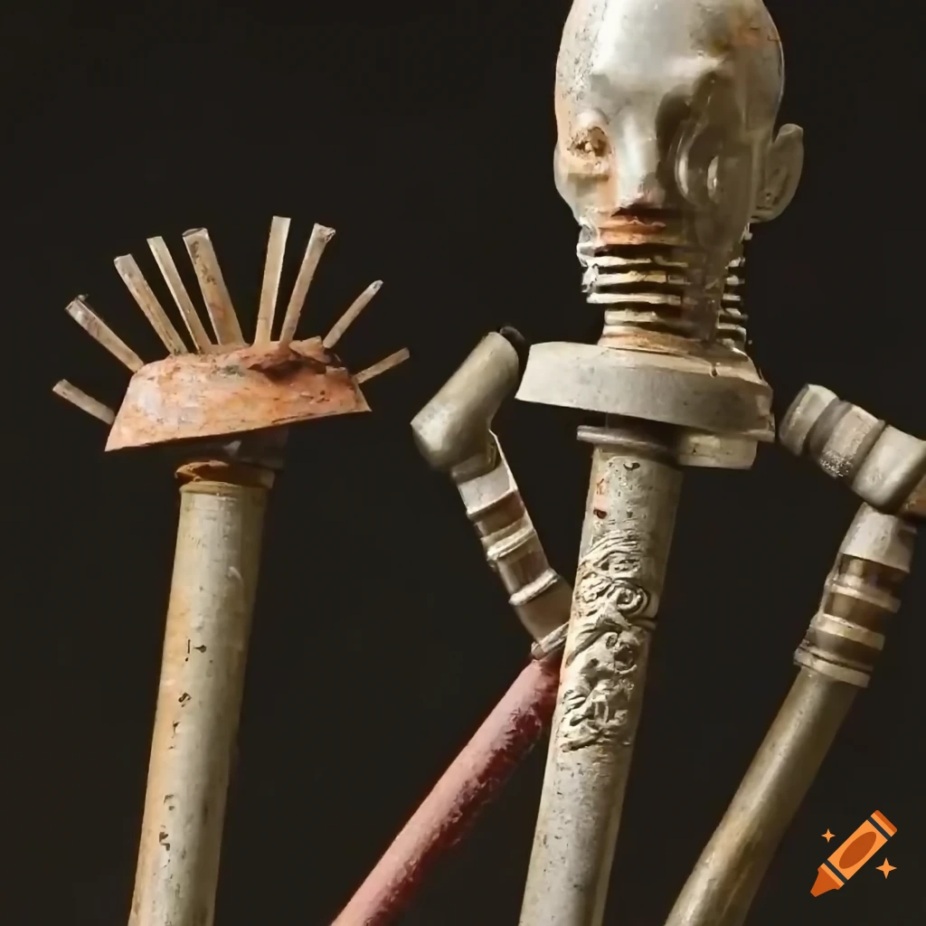 Found object sculpture humanoid made with various objects on Craiyon