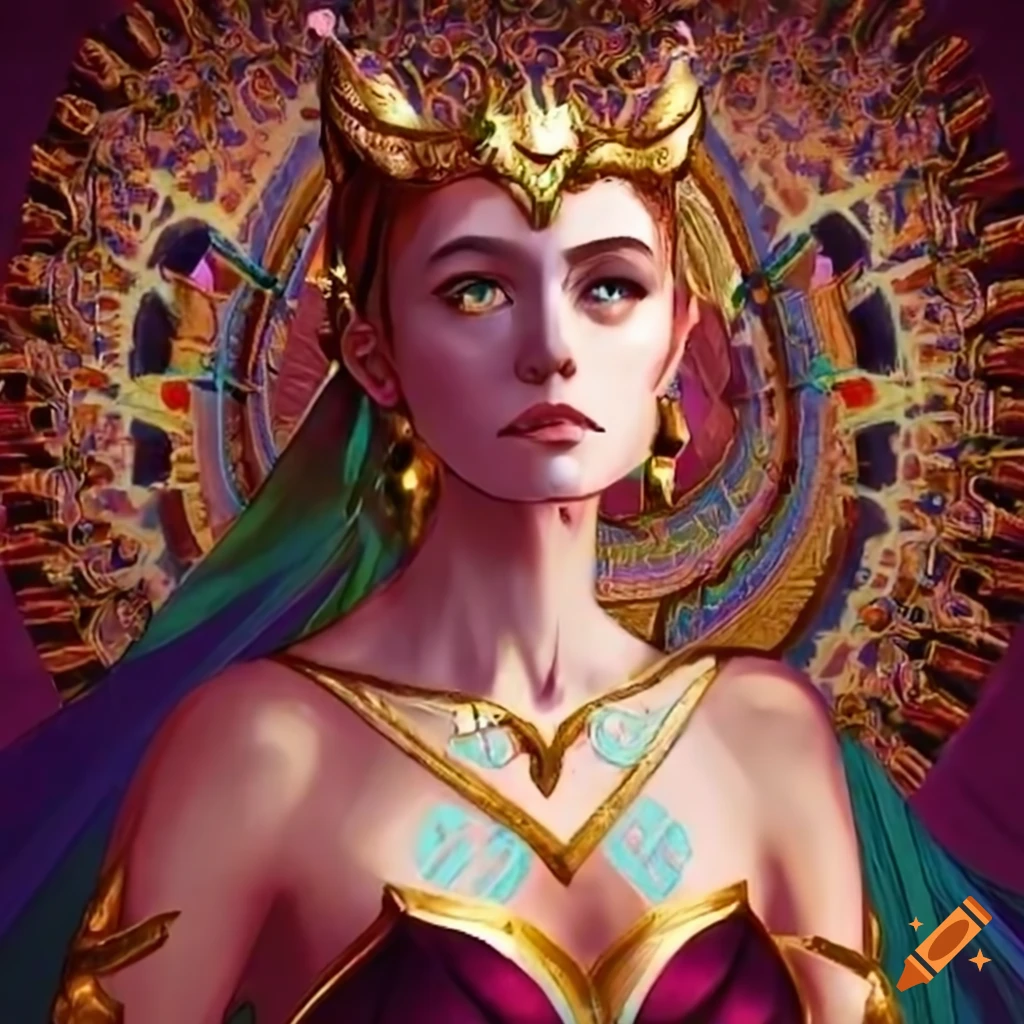 Elyria of Veridaegis in swirling gown commanding attention and respect in a captivating realm