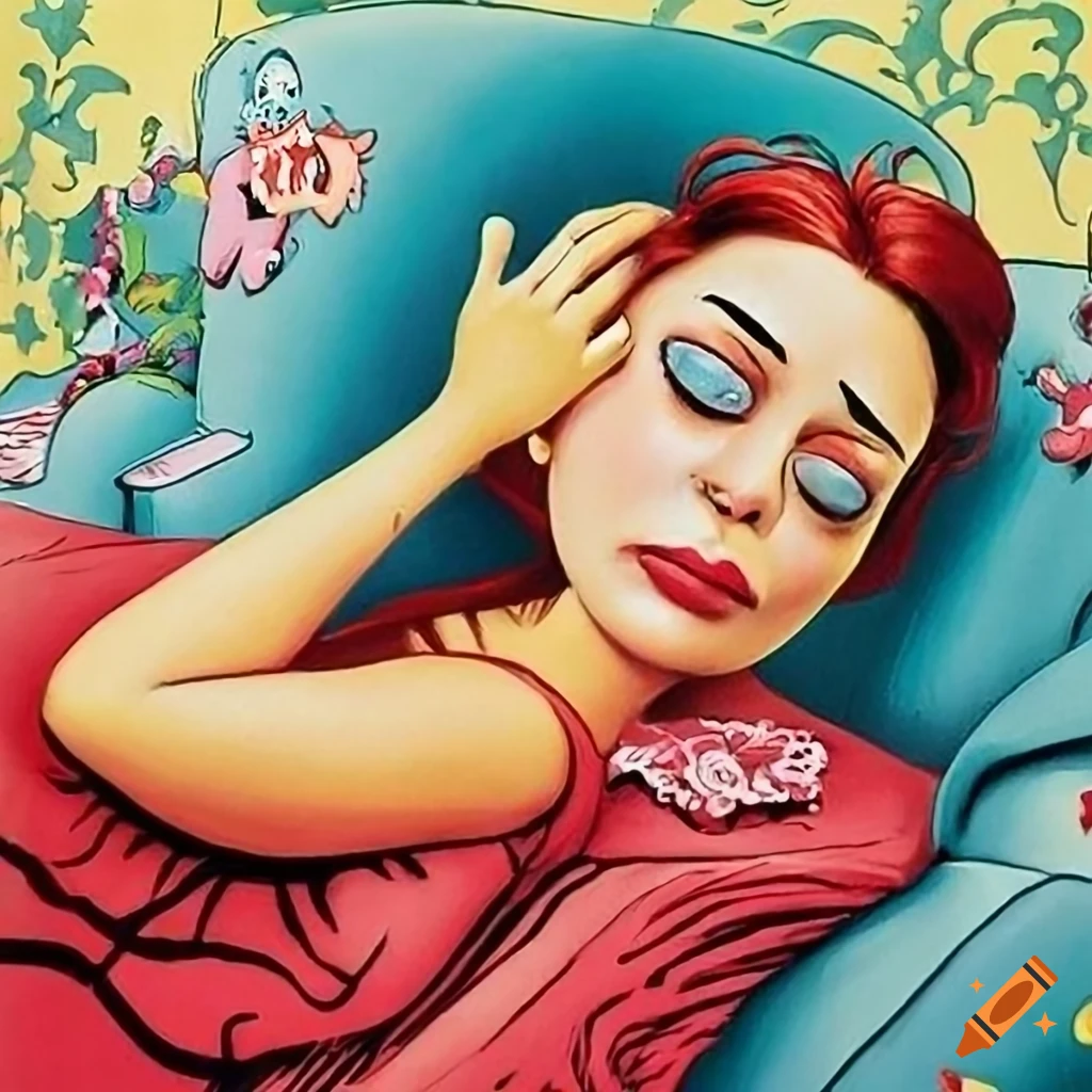 Humorous illustration of a tired woman on a sofa in a Dr. Seuss style