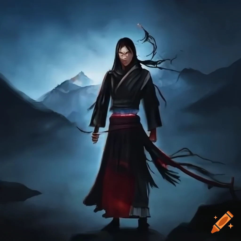 Wuxia martial artist standing behind a mountain on Craiyon