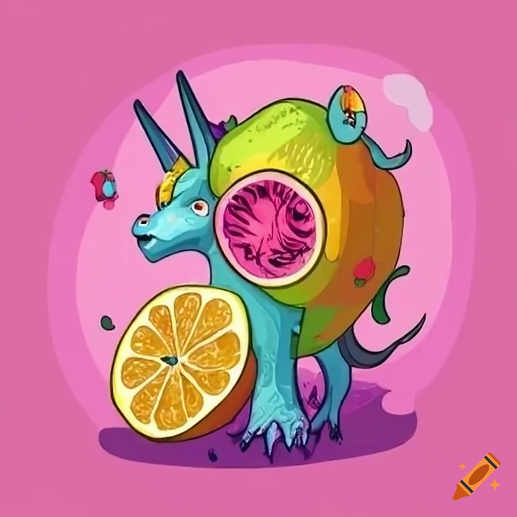Mythical creatures and mutant omega mart lemon fruit monster in a