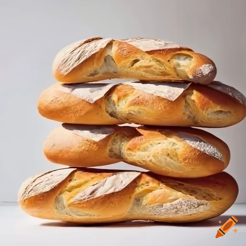 Delicious bunch of baguette bread on a white table