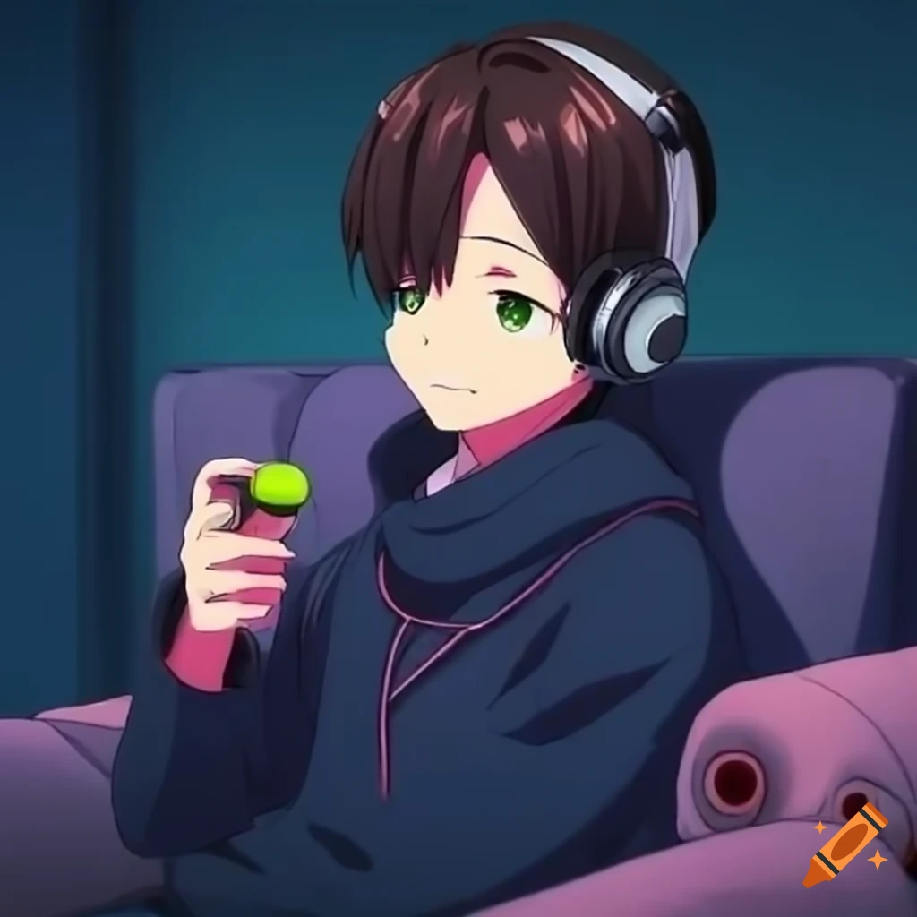 Anime fan with headphones and TV displaying famous anime episodes