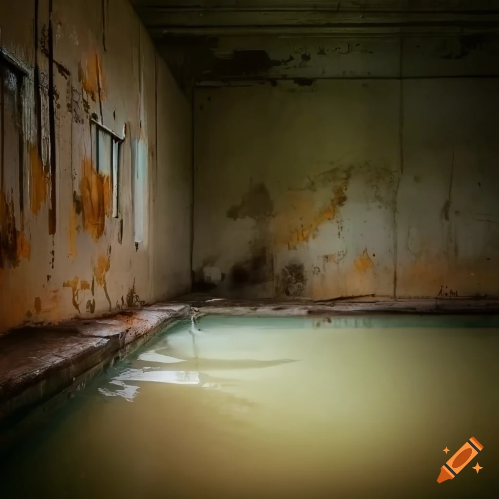 Abandoned murky swimming pool with peeling paint and industrial cables
