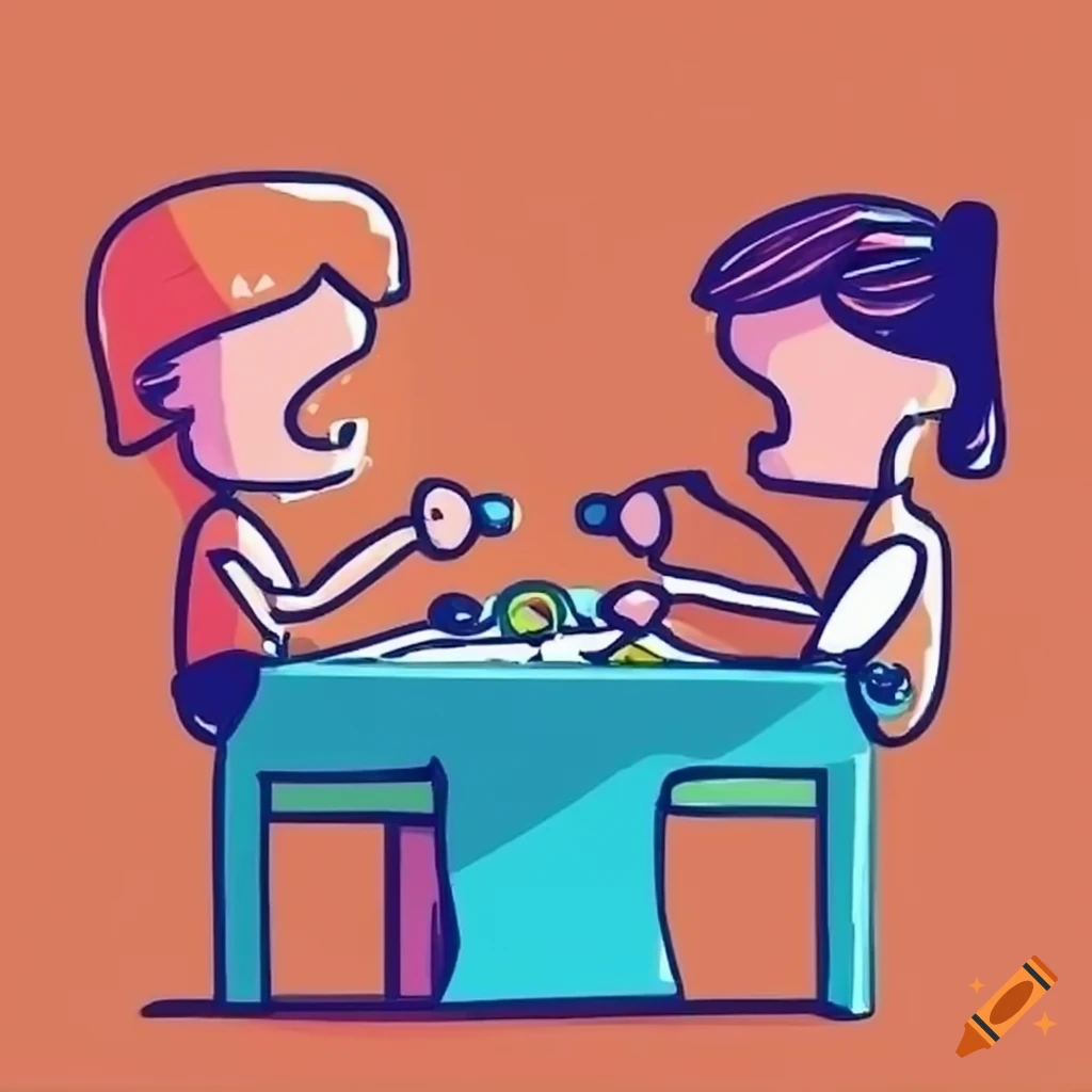 People playing video games at a table in a doodle art style