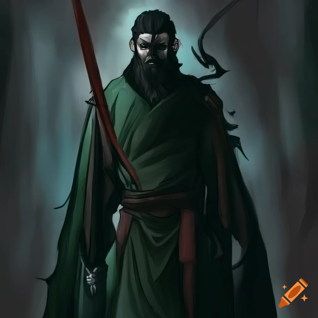 High fantasy drawing of a tall elven male ninja with black hair and eyes