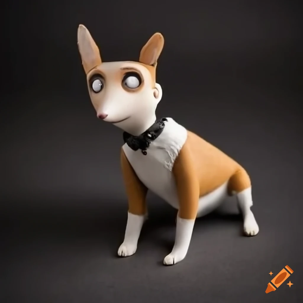 Claymation corgi with a Tim Burton or Frankenweenie resemblance