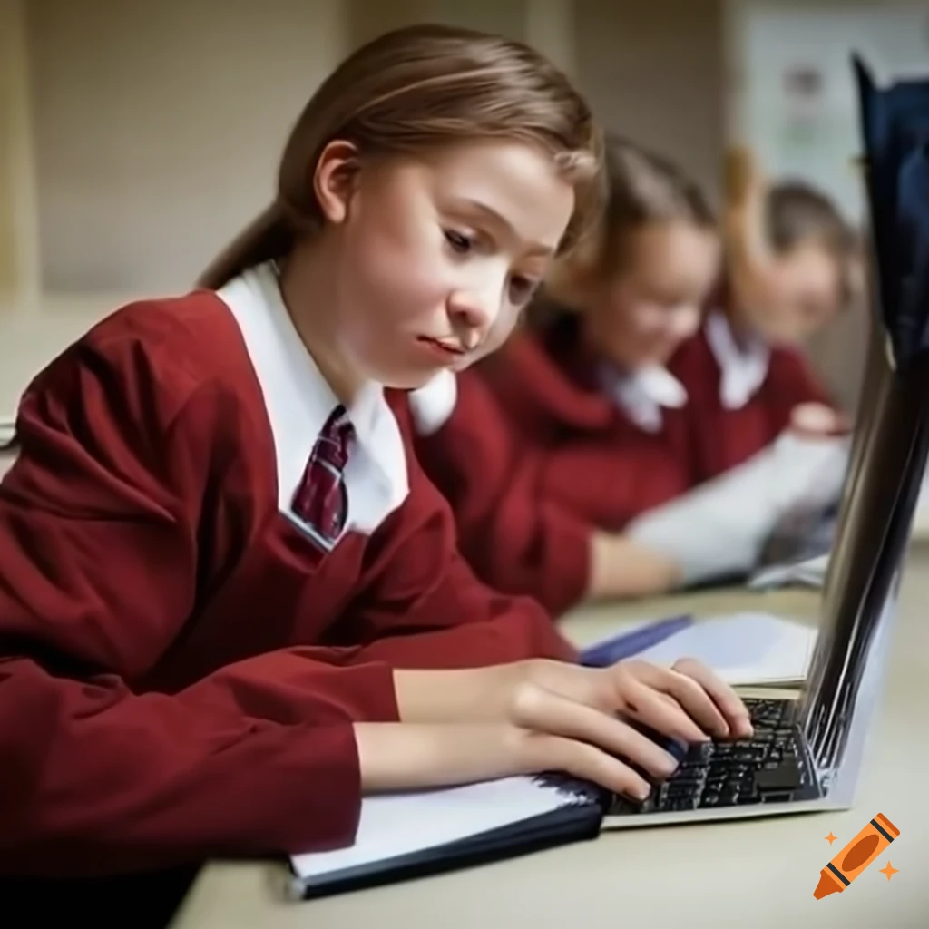 Students in school uniforms working on computers in a classroom on Craiyon