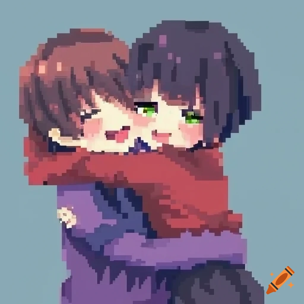 Anime boy and girl hugging in 64x64 pixel art on Craiyon