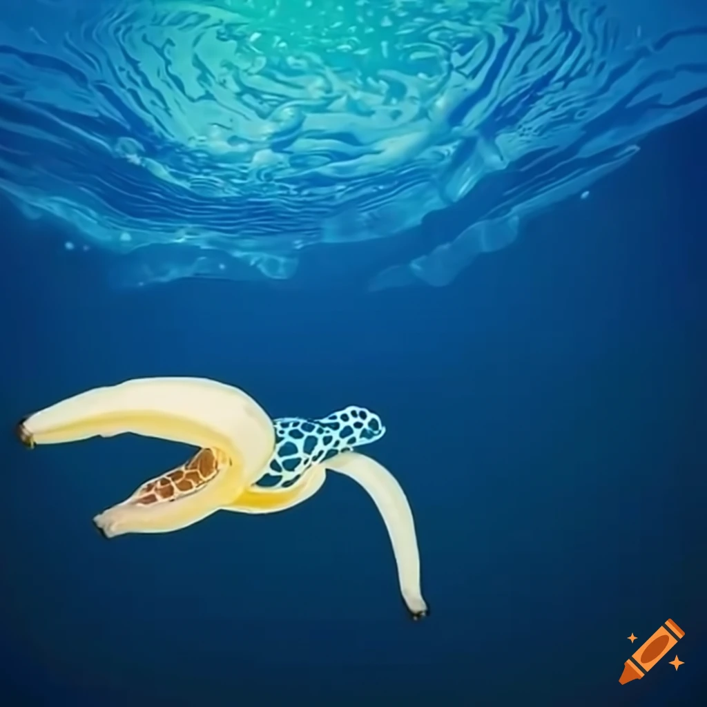Blue with white banana peel and egg swimming in the ocean with turtles