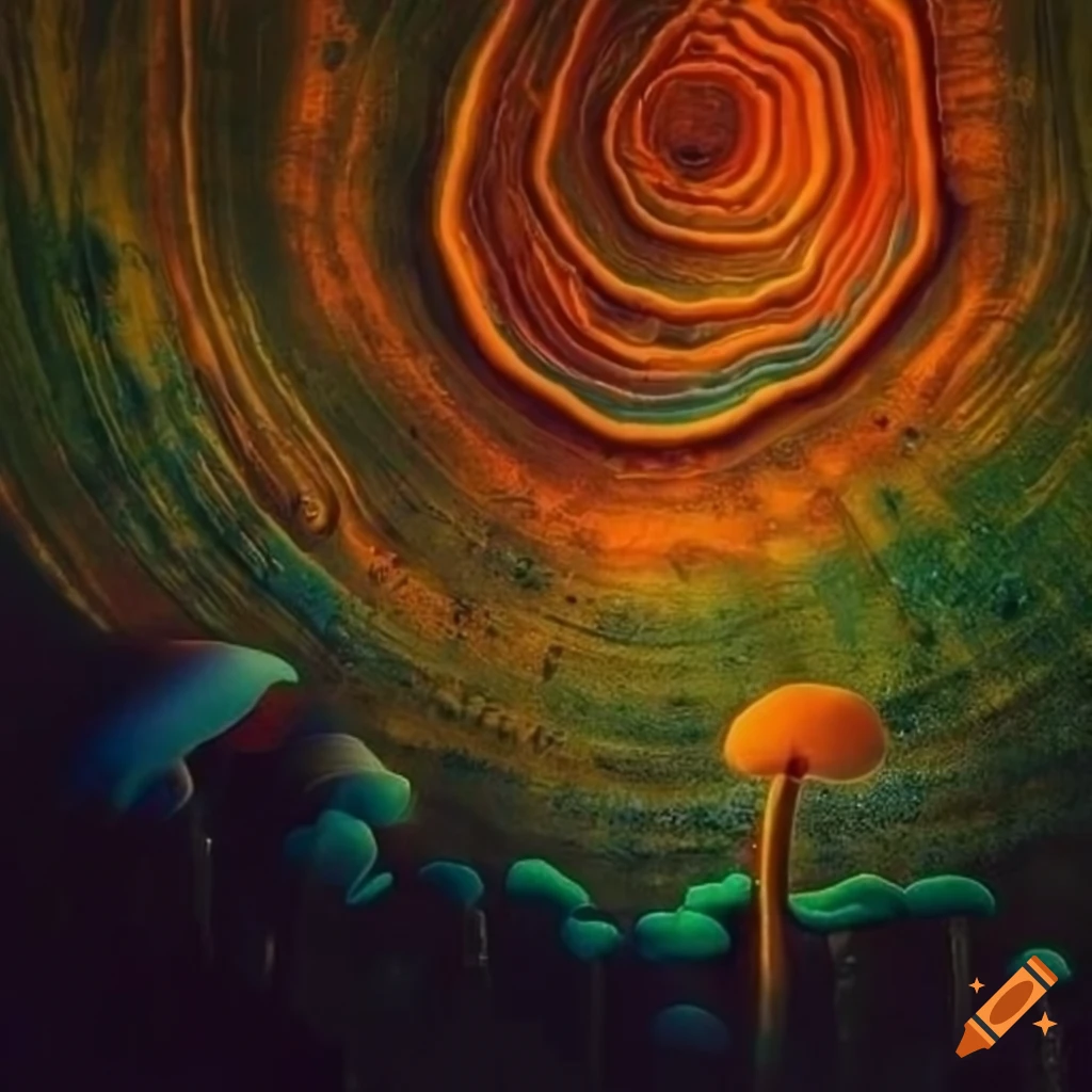 Field of colorful fungus in a liminal space with dreamcore aesthetic