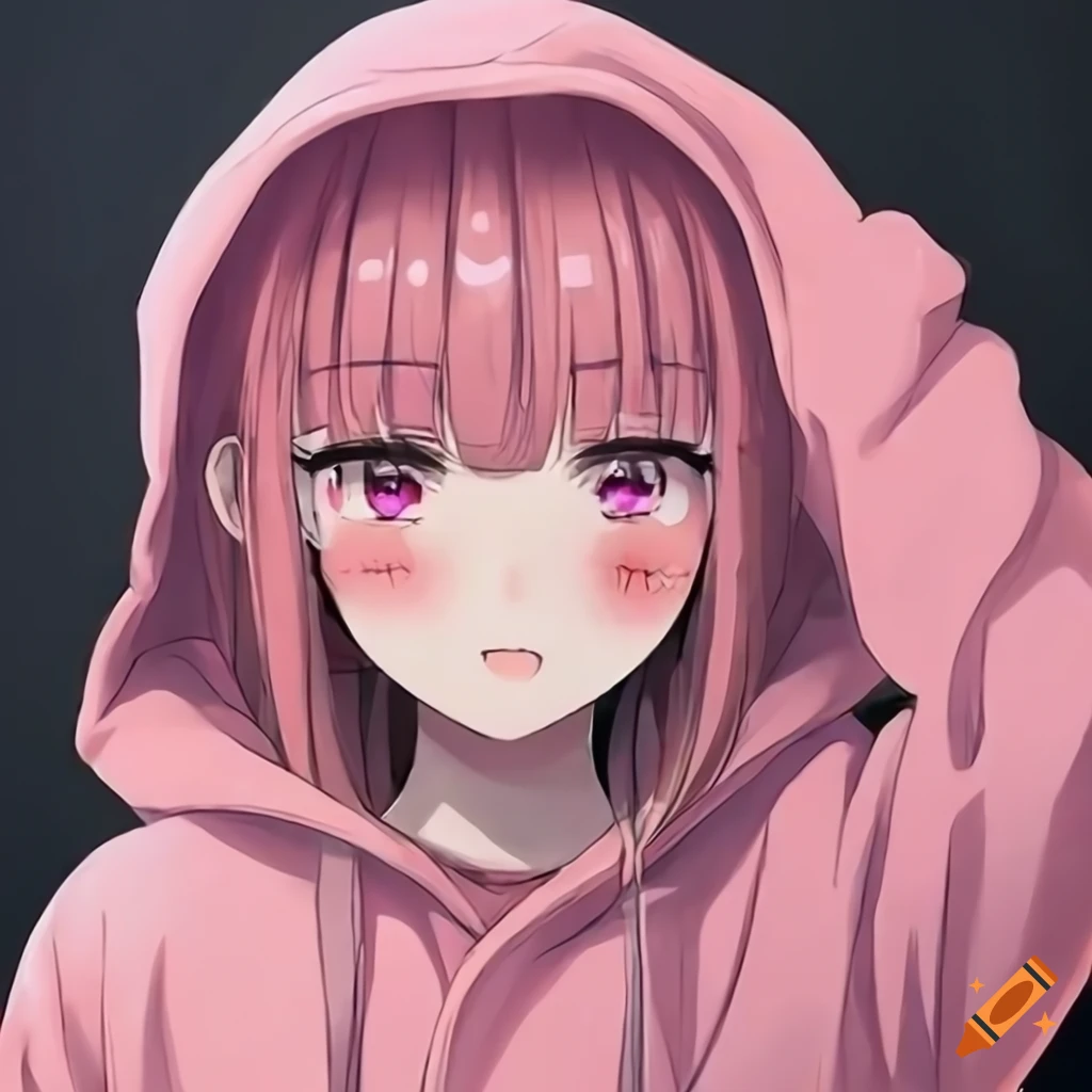 Blushing anime girl in pink hoodie on Craiyon