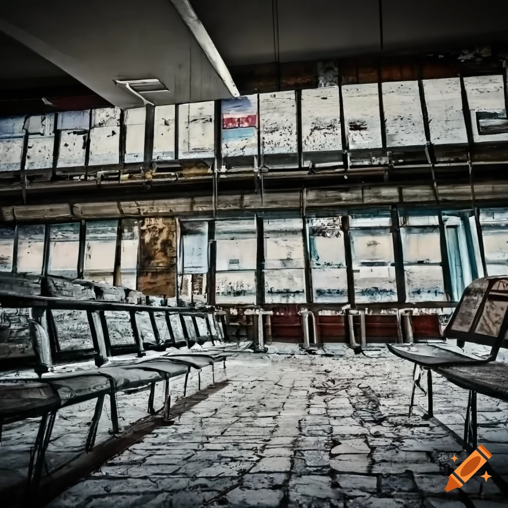 Abandoned and decayed transit hall of a Dutch airport with rows of chairs and information signs in the year 2040